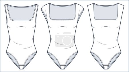 Bodysuits cuello cuadrado ilustración de moda técnica. Conjunto de trajes de cuerpo plantilla de dibujo técnico plano de moda, sin mangas, ajuste delgado, vista frontal, blanco, mujeres, hombres, conjunto de maquetas CAD unisex.