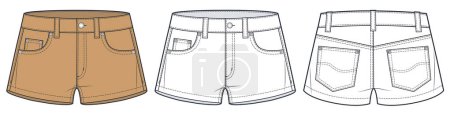 Shorts technical fashion illustration. Short Pants fashion flat technical drawing template, front and back view, white, camel brown, women, men, unisex CAD mockup set.