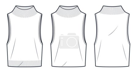 Illustration for Vest Sweater technical fashion illustration. Knit Vest Top fashion flat technical drawing template, roll neck, sleeeveless, front and back view, white, women, men, unisex CAD mockup set. - Royalty Free Image