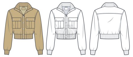 Bomber Jacket fashion flat technical drawing template. Button down Jacket technical fashion illustration, pocket, ribbed cuff and collar, front and back view, white, camel brown, women, men, unisex CAD mockup set.
