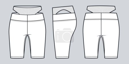 Illustration for Cycling Shorts fashion flat technical drawing template. Short Leggings technical fashion illustration, high rise, cutouts, front, side, back view, white,  women, men, unisex CAD mockup set. - Royalty Free Image