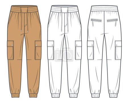 Leather Jogger Pants technical fashion illustration. Denim Pants fashion flat technical drawing template, pockets, elastic waistband, front and back view, white, camel brown, women, men, unisex CAD mockup set. 