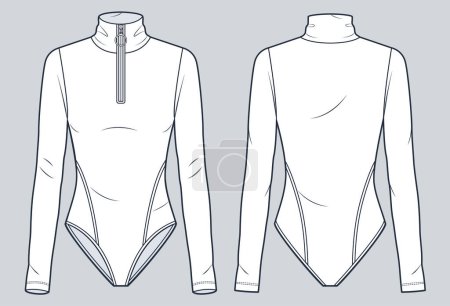Roll Neck Bodysuit ilustración técnica de moda. Plantilla de dibujo técnico plano de moda de traje de cuerpo de manga larga, cremallera, ajuste delgado, vista frontal y trasera, blanco, mujer.