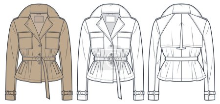 Cropped Trench Coat technical fashion Illustration. Belted Jacket fashion flat technical drawing template, pockets, buttons, front and back view, white, beige, women, men, unisex CAD mockup set.