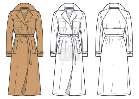 Trench Coat technical fashion Illustration. Classic Trench Coat fashion flat technical drawing template, midi length, double-breasted, pockets, front and back view, white, camel brown, women, men, unisex CAD mockup set.