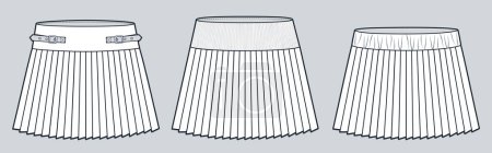 Faldas plisadas ilustración de moda técnica. Plantilla de dibujo técnico plana de moda mini falda, abrochada, cintura acanalada, vista frontal, blanco, conjunto de maquetas CAD de mujeres.
