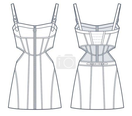 Corset Dress technical fashion Illustration. Dungaree Dress fashion flat technical drawing template, buckle, front zipper, cutout, mini length, slim fit, front and back view, white, women CAD mockup set.