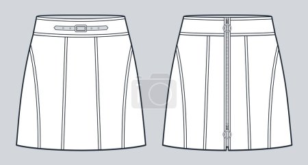 Illustration for Mini Skirt technical fashion illustration. Set of Skirts fashion flat technical drawing template, buckle, zipper, front view, white, women, men, unisex CAD mockup set. - Royalty Free Image