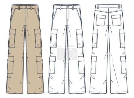 Pantalon cargo mode technique Illustration. Modèle de dessin technique plat de pantalon de denim de mode, poches, vue avant et arrière, blanc, beige, femmes, hommes, ensemble de maquettes CAD unisexe.