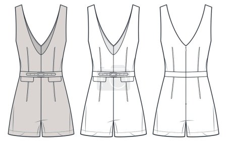 Short Jumpsuit technical fashion Illustration. Plunging Jumpsuit fashion flat technical drawing template, buckle, back zipper, relaxed fit, front and back view, white, grey, women CAD mockup set.
