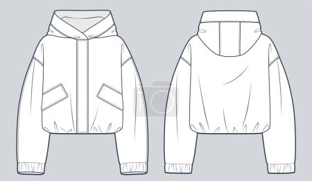 Hooded Jacket technical fashion Illustration. Unisex Nylon Jacket fashion flat technical drawing template, pocket, hood, oversize, front and back view, white, women, men, unisex CAD mockup.