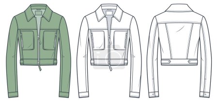 Leather Jacket technical fashion illusrtation. Denim Jacket fashion flat technical drawing template, zip-up, pockets, slim fit, front and back view, white, olive green, women, men, unisex CAD mockup set.