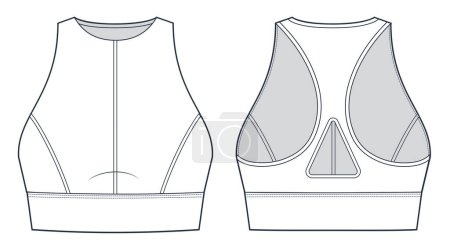 Sports Bra technical fashion illustration. Crop Top fashion flat technical drawing template, cutouts, slim fit, front and back view, white, women Activewear CAD mockup.