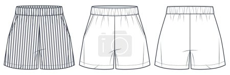 Shorts technical fashion illustration, striped design. Short Pants fashion flat technical drawing template, elastic waist, pockets, front and back view, white, women, men, unisex CAD mockup set.