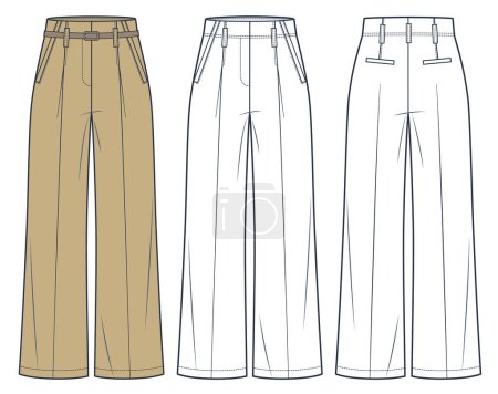  Wide Leg Pants technical fashion illustration. Classic Pants fashion flat technical drawing template, high waist, front and back view, white, camel brown, women, men, unisex CAD mockup set.