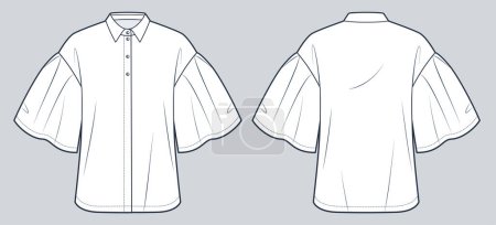  Bluse technische Mode Illustration. Flared Sleeve Shirt Mode flache technische Zeichnungsvorlage, Kurzarm, Knopf unten, Vorder- und Rückansicht, weiß, Frauen CAD-Attrappe.