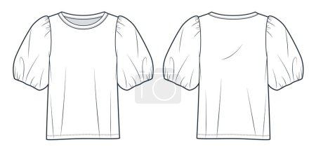Balloon Sleeve T-Shirt plantilla de dibujo técnico plano de moda. Camiseta con mangas de popelín ilustración de moda técnica, cuello redondo, vista frontal y trasera, blanco, mujeres Top CAD maqueta.