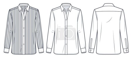 Striped Shirt technical fashion Illustration. Classic Shirt fashion flat technical drawing template, button, relaxed fit, front, back view, white, women, men, unisex CAD mockup set.