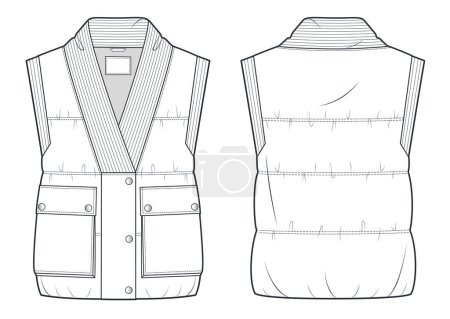 Vest Jacket technical fashion Illustration. Down Jacket Vest fashion flat technical drawing template, patch pocket, button, sleeveless, front and back view, white, rib, women, men, unisex CAD mockup.
