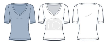Slim Fit T-Shirt technische Modeillustration. Halbärmeliges T-Shirt Mode flache technische Zeichnungsvorlage, V-Ausschnitt, Vorder- und Rückansicht, weiß, blau, CAD-Attrappe für Frauen.