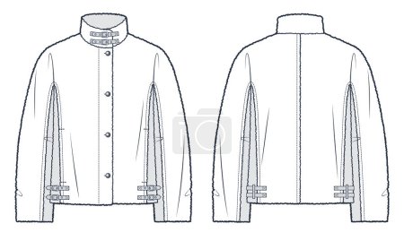 Fur Coat technical fashion illustration. Fur and Leather Jacket fashion flat technical drawing template, buckle closure,buttons, front and back view, white, women, men, unisex CAD mockup.