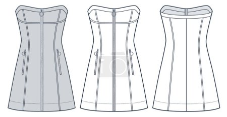 Schulterfrei Kleid technische Mode Illustration. Reißverschlusskleid Mode flache technische Zeichnungsvorlage, schlanke Passform, Taschen, Vorder- und Rückansicht, weiß, grau, CAD-Attrappe für Frauen.