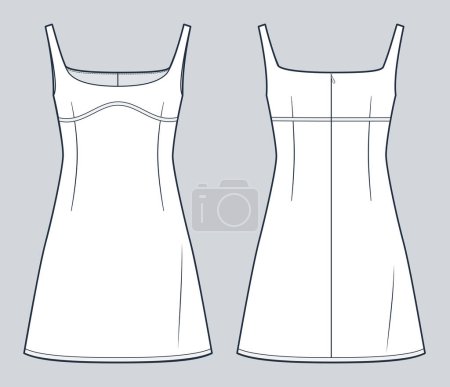 Mini Dress technical fashion illustration. A-Line Dress fashion flat technical drawing template, square neck, slim fit, back zipper, front and back view, white, Women's Dress CAD mockup.
