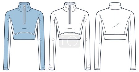 Zipped Crop Top technical fashion illustration. Long Sleeve Jacket fashion flat technical drawing template, roll neck, slim fit, front and back view, white, blue, women, men, unisex CAD mockup.