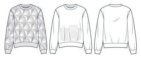  Sweatshirt technical fashion illustration, geometric design. Sweater fashion flat technical drawing template, relaxed fit, front and back view, white, gray color, women, men, unisex Top CAD mockup set.