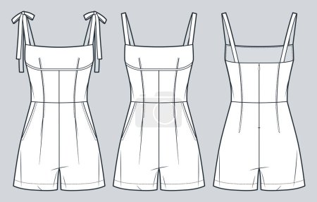 Jumpsuit technische Mode Illustration. Short Jumpsuit Mode flache technische Zeichnungsvorlage, Träger, Reißverschluss hinten, Vorder- und Rückansicht, weiß, CAD-Attrappe für Frauen.