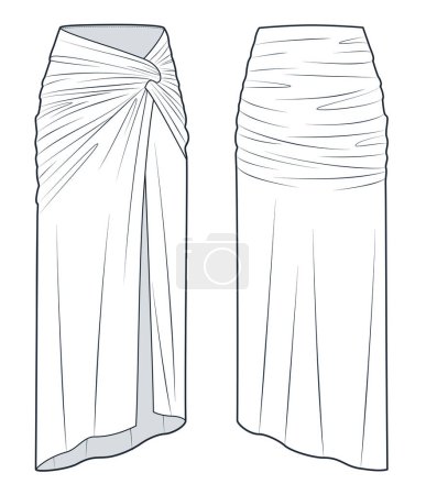 Draped Skirt technical fashion illustration. Maxi Skirt fashion flat technical drawing template, asymmetric, front slit, slim fit, front and back view, white, women Skirt CAD mockup.