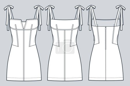 Bustier Dress technical fashion Illustration. Knot Strap mini Dress fashion flat technical drawing template, corset, slim fit, back zipper, front and back view, white, women CAD mockup set.
