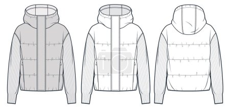 Down Hood Jacket technical fashion Illustration. Padded Cardigan, Jacket with knitted Sleeves fashion flat technical drawing template, pocket, front and back view, white, grey, women, men, unisex CAD mockup set.