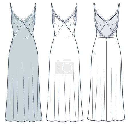 Slip Dress technische Mode-Illustration. Maxi-Kleid mit Spitzenbesatz Mode flache technische Zeichnungsvorlage, Reißverschluss hinten, Riemen, Vorder- und Rückansicht, weiß, blau, CAD-Attrappe für Frauen.
