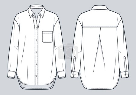 Camisa unisex moda técnica Ilustración. Plantilla de dibujo técnico plano de moda de camisa clásica, botón, sobretamaño, bolsillo, vista frontal y trasera, blanco, mujeres, hombres, maqueta CAD unisex.
