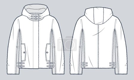 Hooded Fur Jacket technical fashion illustration. Fur and Leather Jacket fashion flat technical drawing template, buckle closure, front and back view, white, women, men, unisex CAD mockup.