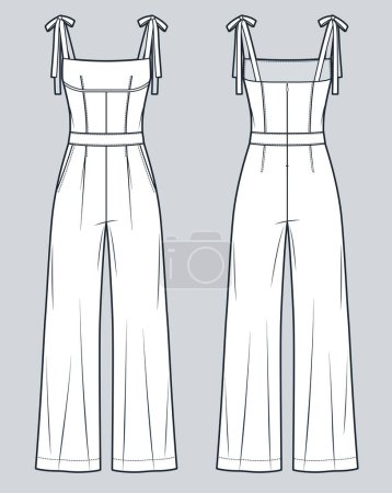 Jumpsuit technical fashion Illustration. Wide Leg Jumpsuit fashion flat technical drawing template, straps, back zipper, front and back view, white, women CAD mockup.