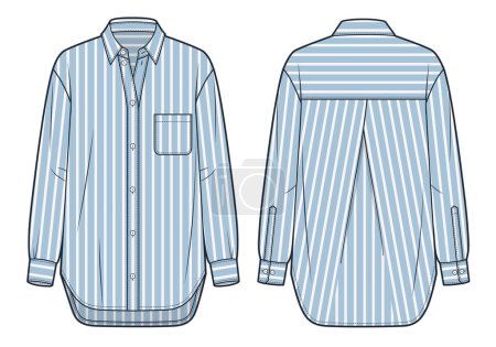 Unisex Hemd technische Mode Illustration, Streifenmuster. Klassisches Hemd Mode flache technische Zeichnungsvorlage, Knopf, Übergröße, Tasche, Vorder- und Rückseite, weiß, blau, Frauen, Männer, Unisex-CAD-Attrappe.