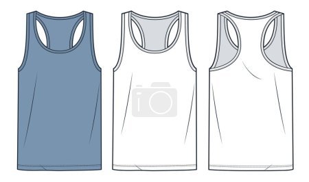 Tank Top technical fashion illustration. Unisex Tank Top fashion flat technical drawing template, crew neck, relaxed fit, front and back view, white, blue, women, men, unisex CAD mockup set.