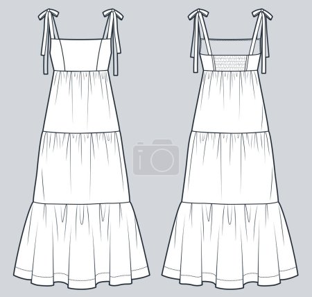  Tiered Maxi Dress technical fashion illustration. Knot Strap Dress fashion flat technical drawing template, bustier, relaxed fit, front and back view, white, women CAD mockup set.