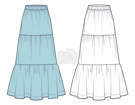 Maxi falda estratificada ilustración de moda técnica. Falda Boho plantilla de dibujo técnico plano de moda, cintura elástica, vista frontal, blanco, azul, conjunto de maquetas CAD para mujer.