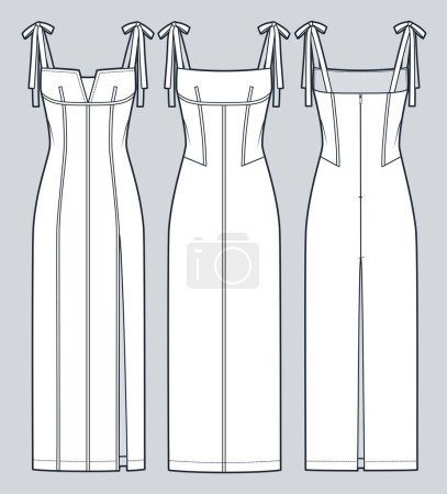 Bustier Maxi Dress technical fashion Illustration. Strap Dress fashion flat technical drawing template, corset, slim fit, back zipper, front slit, back slit, front and back view, white, women CAD mockup set.