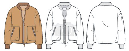 Fur Bomber Jacket technical fashion Illustration. Teddy Fur Jacket fashion flat technical drawing template, front zipper, pockets, front and back view, white, camel brown, women, men, unisex CAD mockup set.