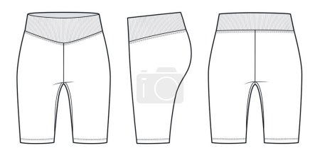 Illustration for Cycling Shorts fashion flat technical drawing template. Short Leggings technical fashion illustration, high rise, front, side, back view, white, women, men, unisex CAD mockup set. - Royalty Free Image