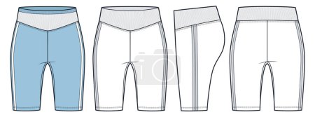 Illustration for Cycling Shorts fashion flat technical drawing template. Short Leggings technical fashion illustration, striped, high rise, front, side, back view, white, blue, women, men, unisex CAD mockup set. - Royalty Free Image