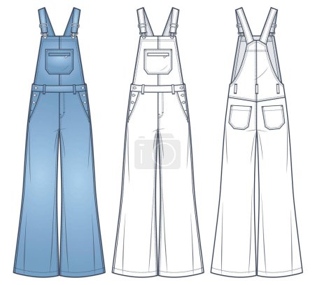 Denim Overalls fashion flat technical drawing template. Wide Leg Dungarees, Jumpsuit technical fashion illustration, pockets, relaxed fit, front and back view, white, blue, women, men, unisex CAD mockup set.