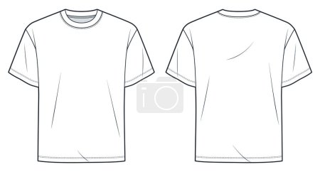 Basic T-Shirt Mode flache technische Zeichnungsvorlage. Unisex T-Shirt technische Modeillustration, entspannte Passform, Vorder- und Rückansicht, weiß, Frauen, Männer, Unisex CAD-Attrappe.