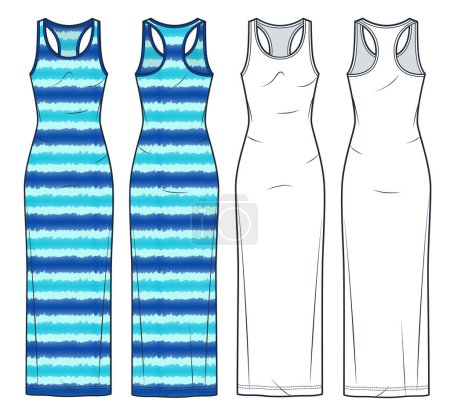 Tank Top Dress technische Mode-Illustration, gestreiftes Design. Jersey Maxi Dress Mode flache technische Zeichnungsvorlage, schlanke Passform, Vorder- und Rückansicht, weiß, blau, CAD-Mockup-Set für Frauen.