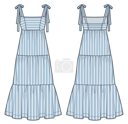  Tiered Maxi Dress technical fashion illustration, striped design. Strap Dress fashion flat technical drawing template, bustier, relaxed fit, front and back view, blue, women CAD mockup set.