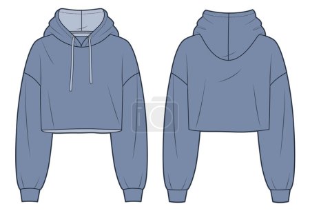 Hooded Sweatshirt technical fashion illustration. Crop Hoodie fashion flat technical drawing template, relaxed fit, raw hem, front and back view, purple, women, men, unisex Top CAD mockup set.